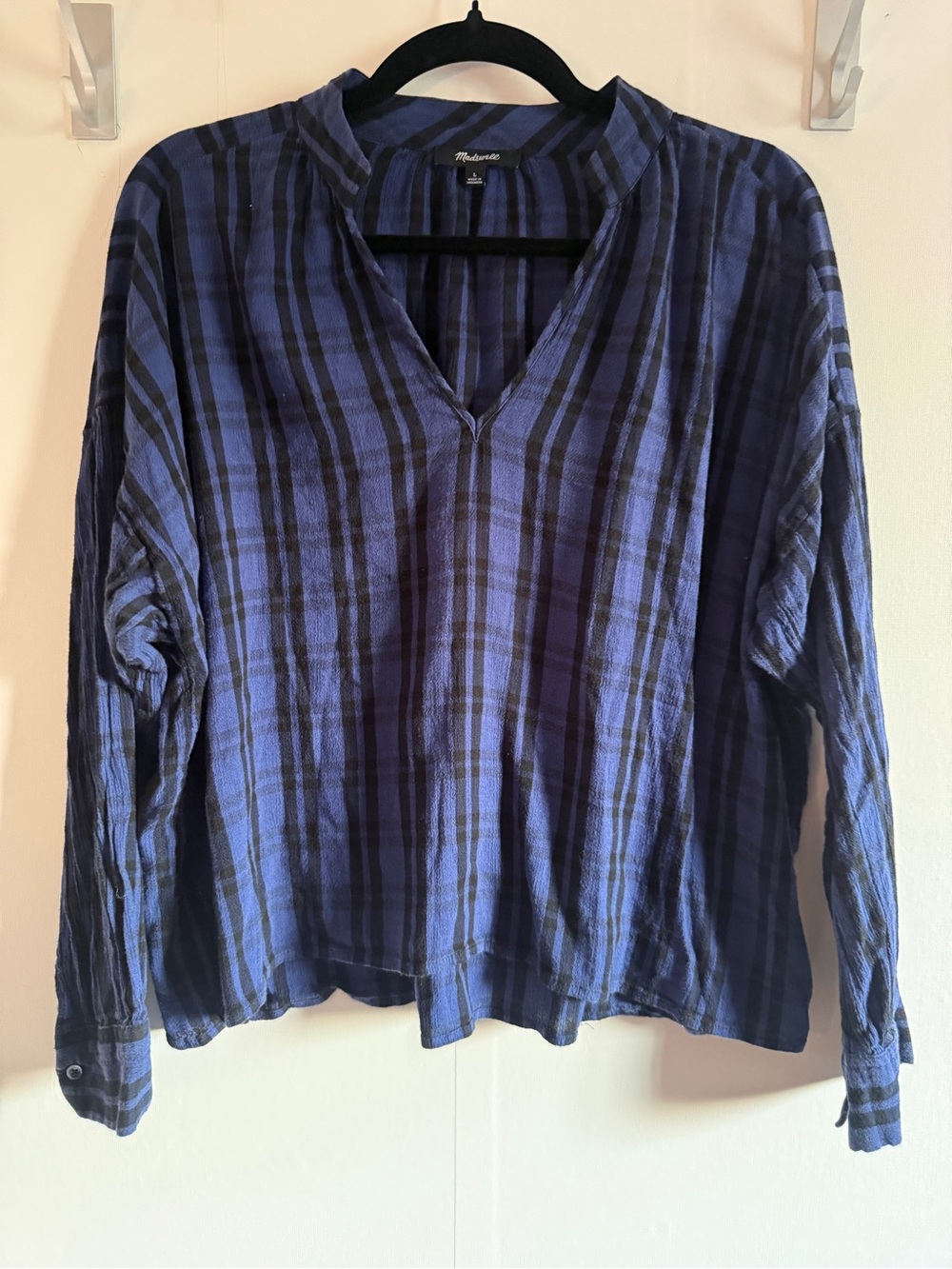 Madewell Blue Black Plaid Popover Blouse Long Sleeve Cotton Blend Size L